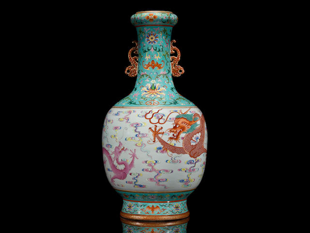 A magnificent and extremely rare famille rose 'dragon' vase Qianlong seal mark
