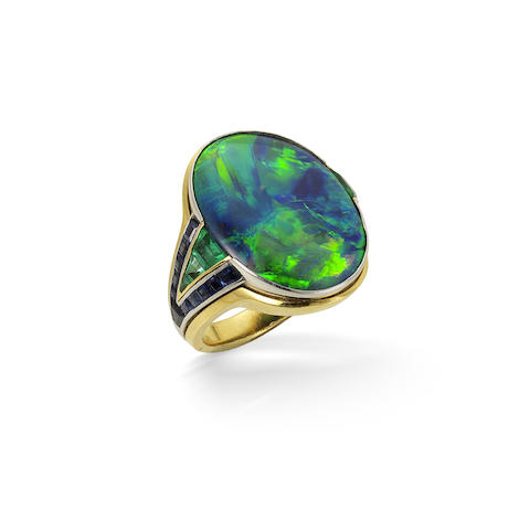 Bonhams : A black opal, sapphire and emerald ring, by Hemmerle,