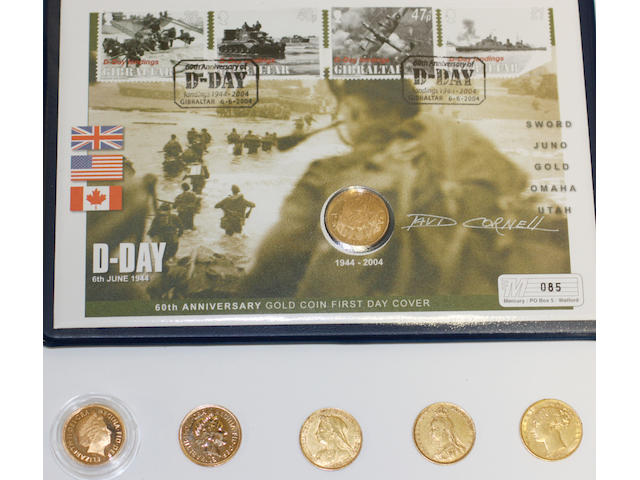 Nine sovereigns, comprising a Gibraltar D-Day Sovereign Gold Coin First Day Cover, 2004, commemorating the 60th anniversary 1944-2004, by the Westminster Collection Ltd, and 8 further sovereigns, dated 1872, 1889, 1900, 1906, 1926 (in loose mounted pendant fitting),  2002, 2003, 2006.