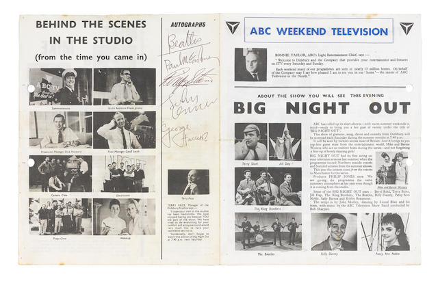 An ABC Weekend Television 'Big Night Out' leaflet autographed by the Beatles, 1963,