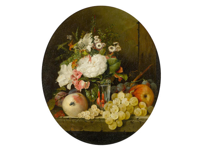 Edward Ladell (British, 1821-1886) Still life with flowers and fruit on a marble ledge