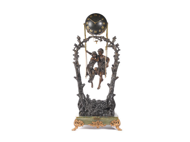 A rare late 19th century French spelter and onyx mystery swinging clock 'Idyll printaniere'