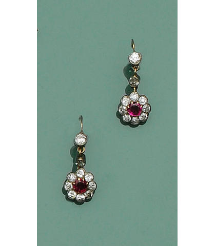 A pair of late 19th century ruby and diamond cluster earpendants