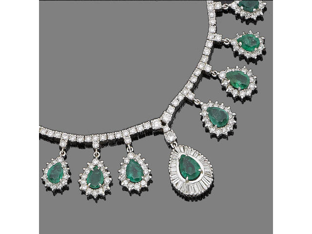 An emerald and diamond fringe necklace