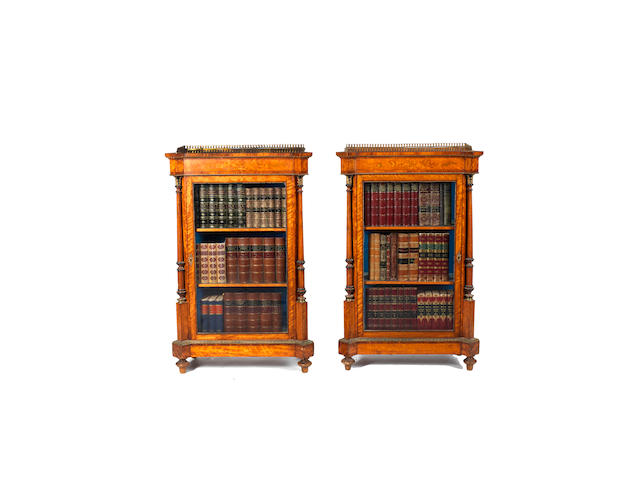 A pair of Victorian satinwood, rosewood crossbanded and sycamore marquetry side cabinets by James Winter & Sons