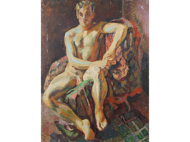 Duncan Grant (British, 1885-1978) Portrait of a male nude seated on a chair covered with drapery unframed