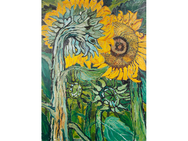 John Bratby R.A. (British, 1928-1992) Two sunflowers and opening bulb