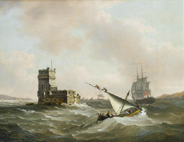 John Thomas Serres (British, 1759-1825) An English frigate in choppy waters in the Tagus passing the Belem Tower