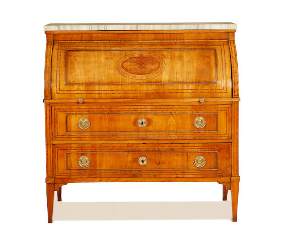 A German late 18th century brass mounted fruitwood marquetry and parquetry cylinder bureau