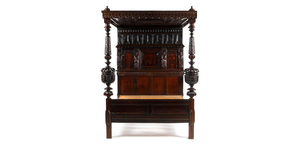 A 17th century and later oak, inlaid and carved tester bed Possibly Yorkshire