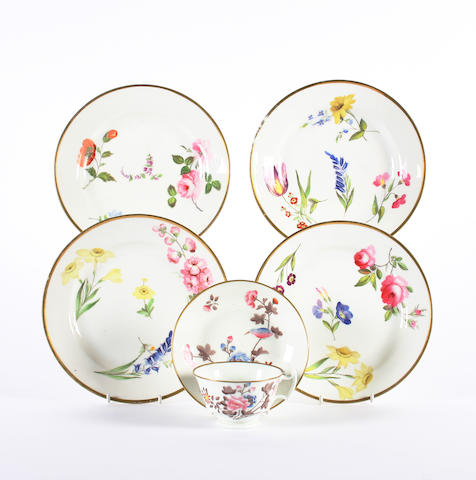 A set of of four Swansea plates and a Swansea teacup and saucer, circa 1815-17