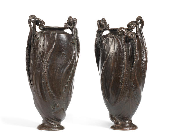 L&#233;o Laporte-Blairsy Pair of Octopus Vases circa 1905  patinated bronze signed Laporte-Blairsy and foundry mark Cire Perdue, A. A. H&#233;brard  Height: 28cm  11in.