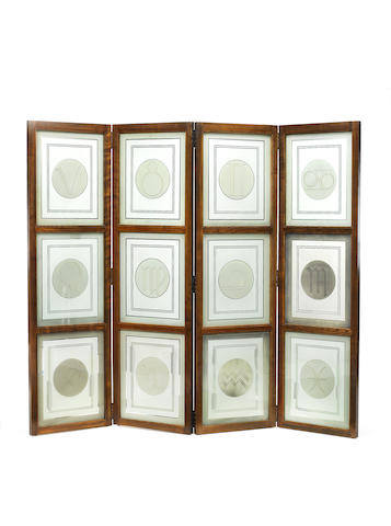 Four Panelled Screen attributed to Pierre Lardin circa 1950  with glass insets depicting the signs of the Zodiac  Height: 181 cm.                71 1/4 in. Width of each panel: 52.5 cm.                             20 11/16 in.