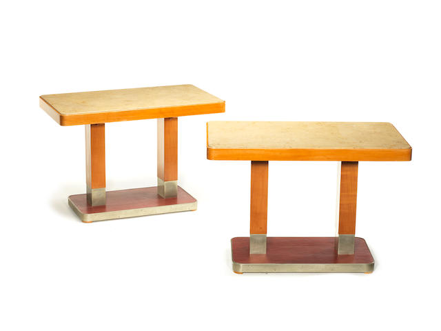 Pair of German Console Tables circa 1950  with marble tops and leather bases paper label for Gotthilf L&#246;ffler Zuffenhausen  76 by 110 by 65 cm. 29 15/16 by 43 5/16 by 25 9/16 in.