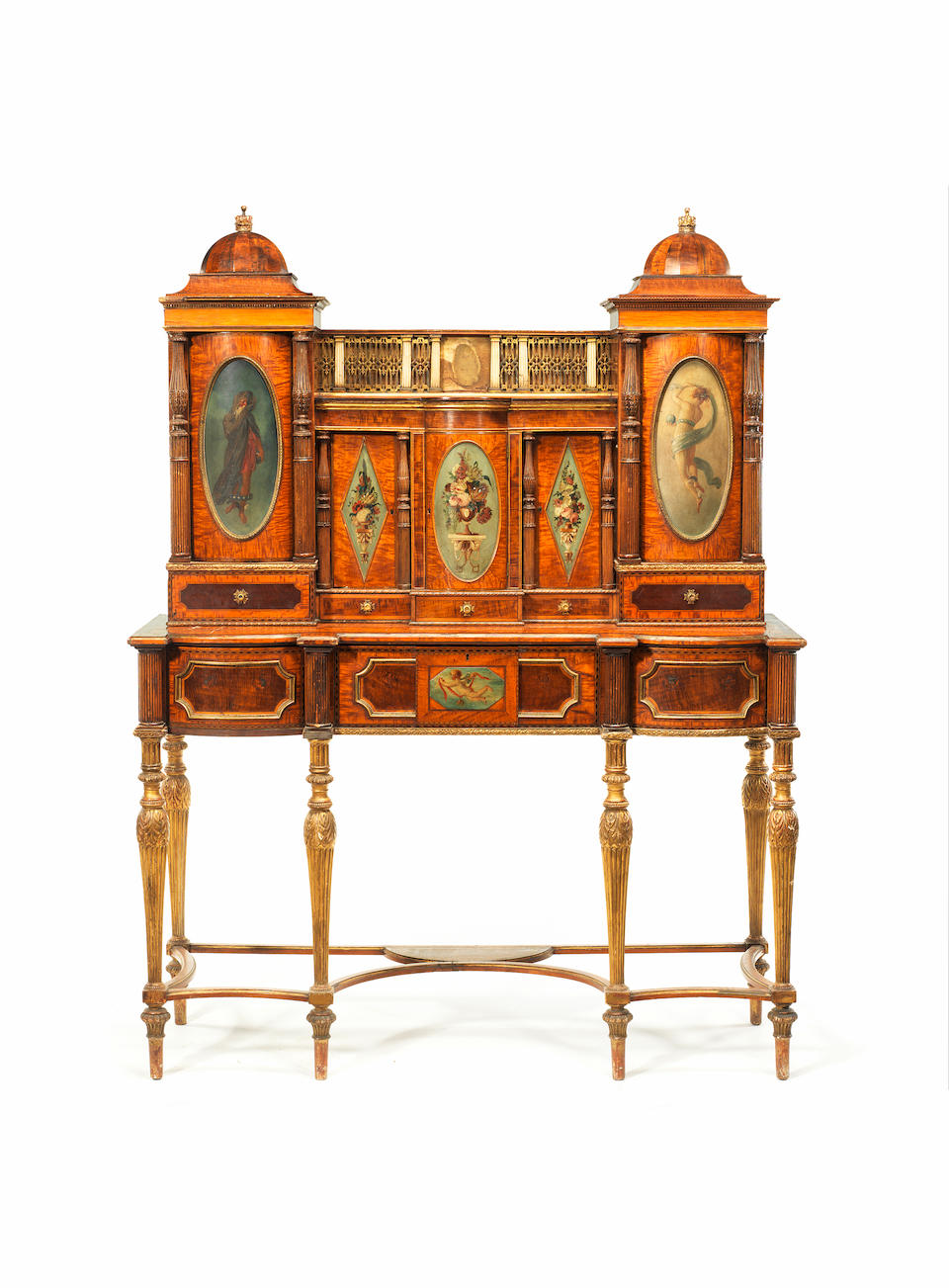 A satinwood, mahogany, sycamore and marquetry and parcel gilt secretaire cabinet reconstructed from an important cabinet by Seddon, Son & Shackleton of 1793 reputedly for Charles IV of Spain, the panels possibly by William Hamilton R.A