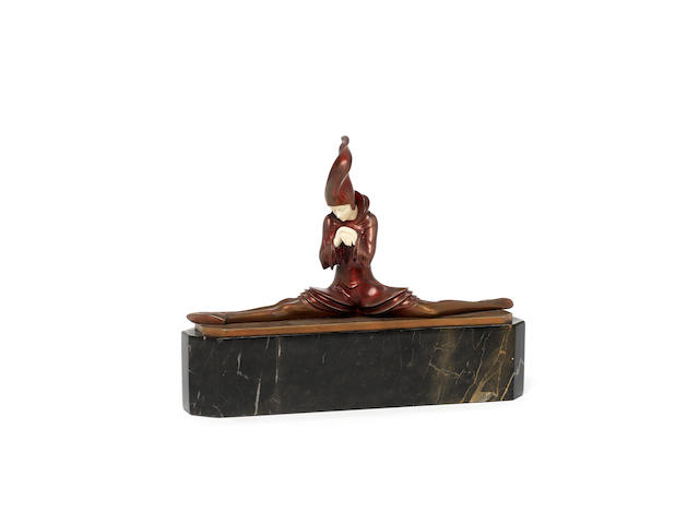 Paul Philippe Le Grand Ecart Respecteux (The Respectful Splits) circa 1930  cold-painted bronze and carved ivory, on a shaped marble base signed in cast P. Philippe, with foundry mark R.u.M  Height: 21 cm. 8 1/4 in.