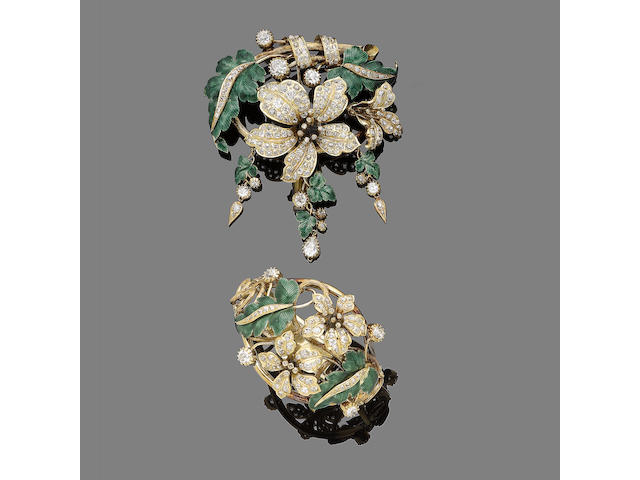 A diamond and enamel brooch and bracelet suite, (2)