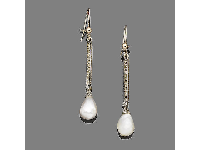 A pair of pearl and diamond earpendants