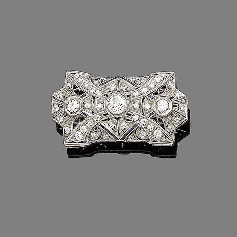 An Art Deco diamond and synthetic sapphire plaque brooch,