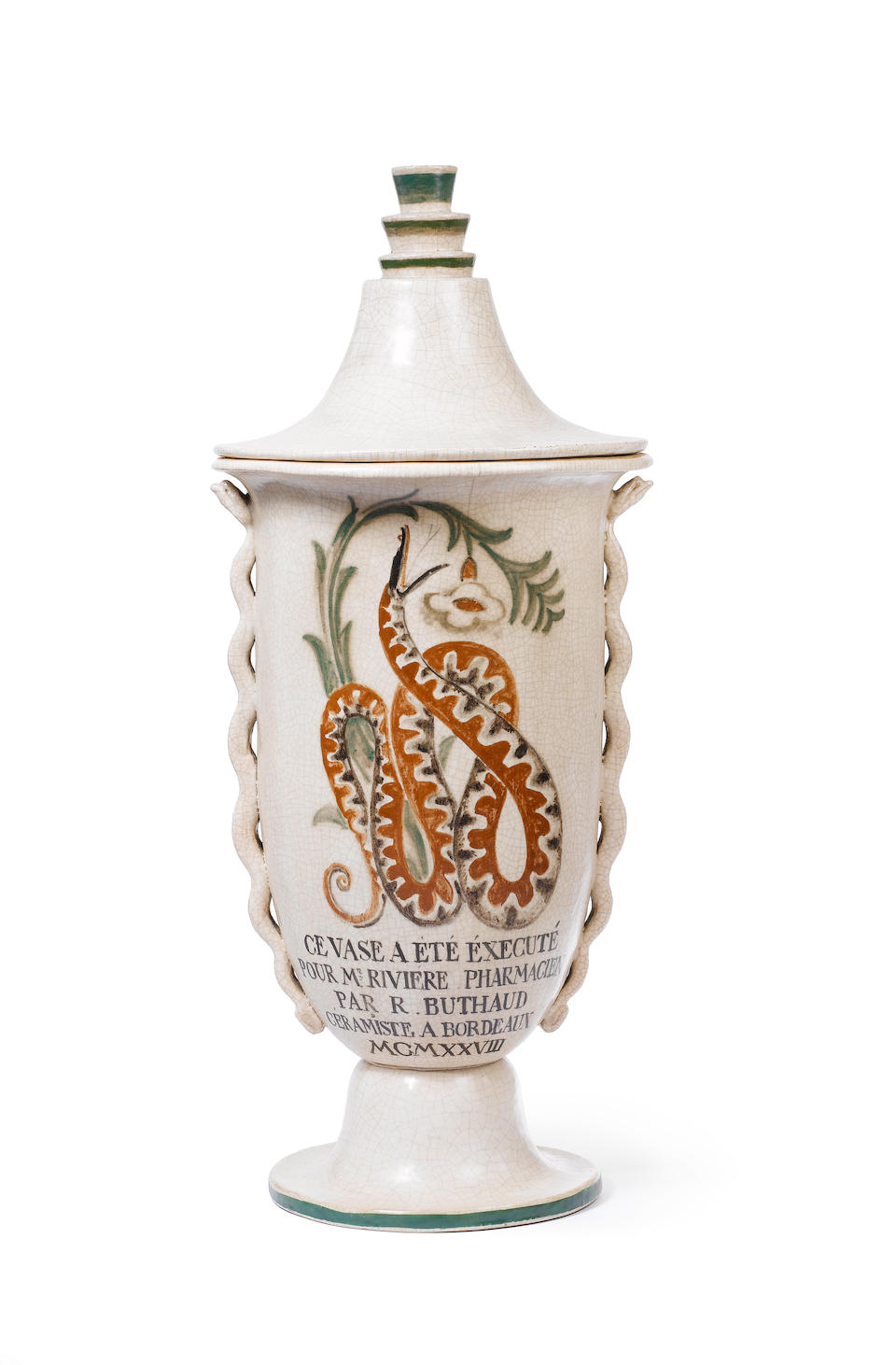 Ren&#233; Buthaud Important Jar and Cover 1928  painted earthenware signed and dated 'CE VASE A &#201;T&#201; EXECUT&#201; POUR MR M. RIVI&#200;RE PHARMACIEN PAR R. BUTHAUD C&#201;RAMISTE A BORDEAUX MCMXXVVIII' to reverse  Height: 96 cm. 37 7/8 in.