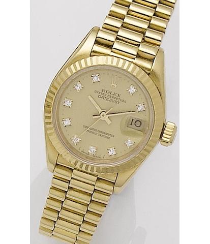 Rolex. A lady's 18ct gold automatic bracelet watchOyster, Ref:16753, Serial No.9430862, Sold 4th of June 1988