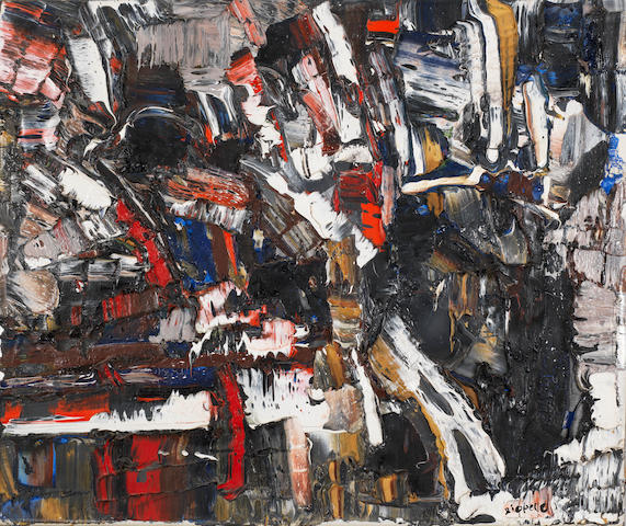 Jean-Paul Riopelle (1923-2002) Granit&#233; 1956  signed oil on canvas  45 by 55 cm. 17 11/16 by 21 5/8 in.  This work was executed in 1956.