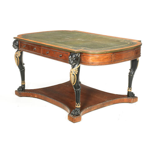A Regency rosewood, ebonised and parcel-gilt library writing table attributed to Gillows