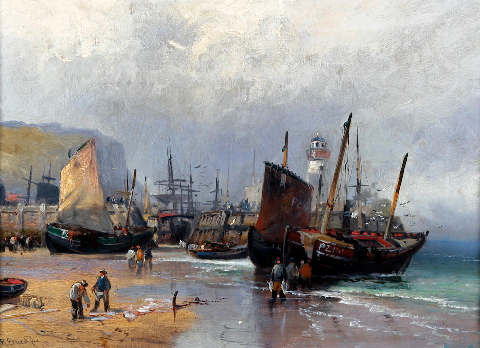 Robert Ernest Roe (British, active 1860-1900) Fishing boats and figures on the sands, Scarborough; Cornish herring boats in the harbour at low tide, a pair