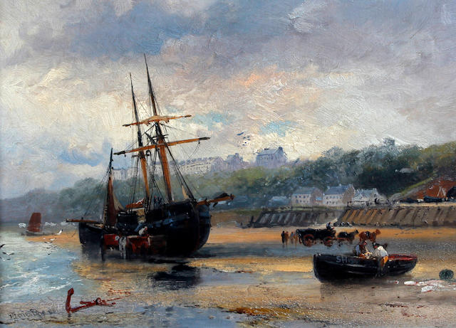 Robert Ernest Roe (British, active 1860-1900) Fishing boats and figures on the sands, Scarborough; Cornish herring boats in the harbour at low tide, a pair