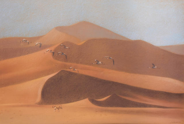 Kim Donaldson (South African, born 1952) Gazelle and birds against sand dunes