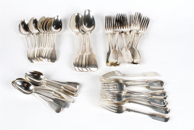 A collection of 19th century fiddle pattern flatware Various makers, dates ranging from 1832 - 1883,  (54)