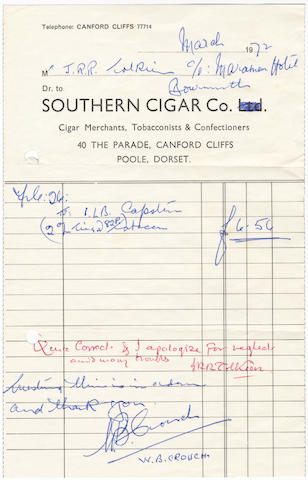 TOLKIEN (J.R.R.) Autograph rubric signed ("JRRTolkien") on a bill submitted to him for a pound of Capstan tobacco in
