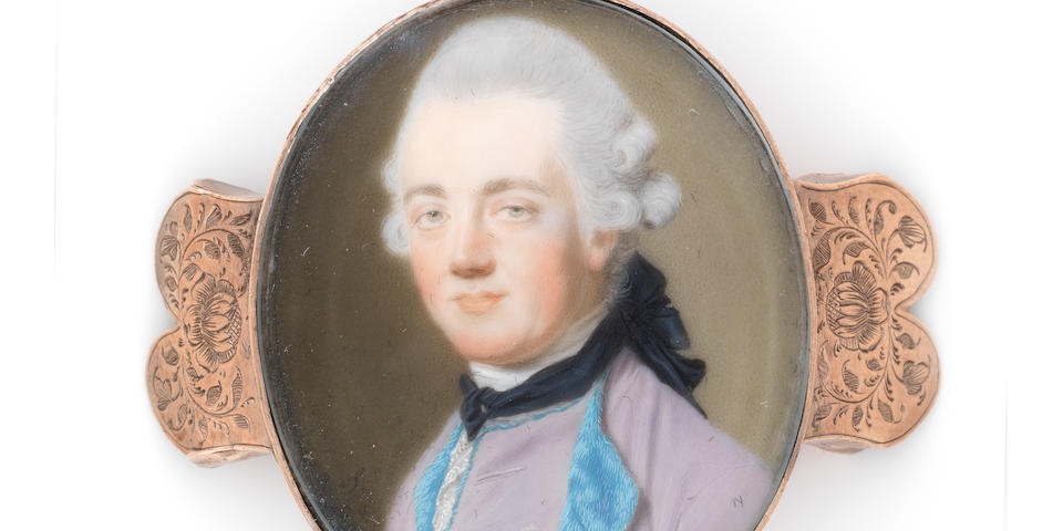 John Smart (British, 1742-1811) A Gentleman, wearing lilac coat and waistcoat lined with turquoise blue fur, white stock and lace cravat, black stock loosely tied, his powdered wig worn en queue and tied with a wide black ribbon bow