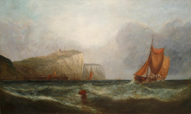 W. Harding Sailing vessels off coastal cliffs with castle