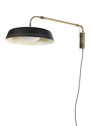 Wall Light French, circa 1955  brass, enamelled metal and glass  Length: 73 cm.                28 3/4 in. Diameter of shade: 40.5 cm.                         15 15/16 in.