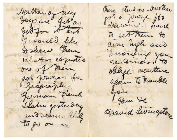 LIVINGSTONE (DAVID) Autograph letter signed ("David Livingstone"), to Mr Foster, 1865; in an album with other letters