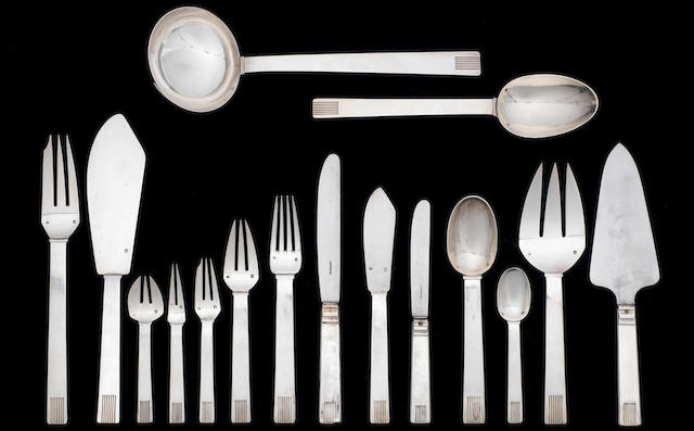 Henri Lapparra Canteen of Silver Cutlery circa 1930  comprising twelve place settings of ten items (two teaspoons & one fish fork missing) and six serving pieces (123 pieces in total)  stamped maker's mark and French silver mark