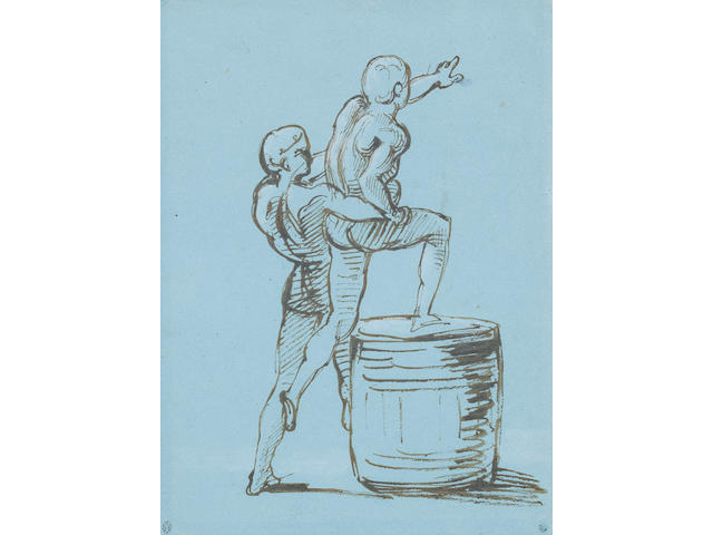 Th&#233;odore G&#233;ricault (Rouen 1791-1824 Paris) A study for the principal group of the Raft of the Medusa (a male figure assisting another on to a barrel to make a signal to the Argus)