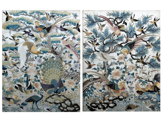 A pair of Chinese embroidered silkwork pictures Late 19th Century