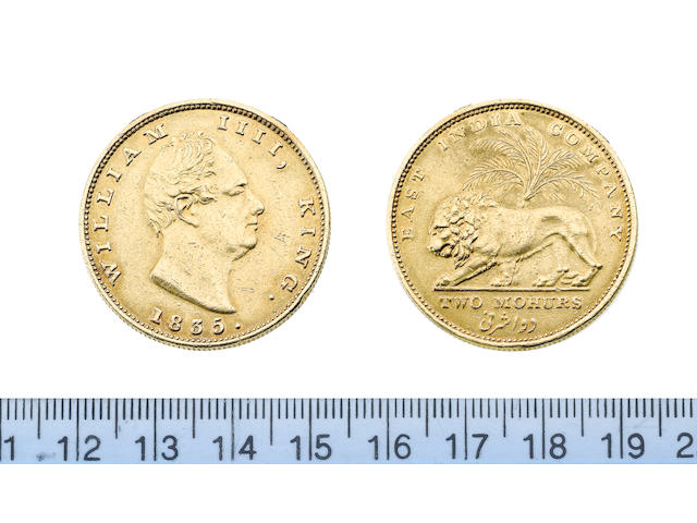 India, East India Company, William IV, Gold Restrike Two Mohurs, 1835, 23.21g, bare head right,