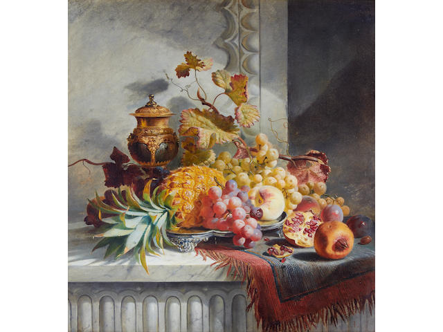 Edward Ladell (British, 1821-1886) Still life with fruit and an urn on a marble ledge
