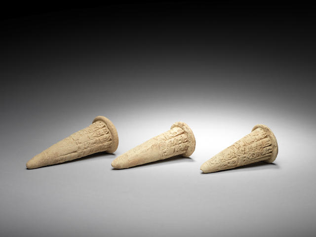 Three Mesopotamian terracotta cuneiform foundation nails 3