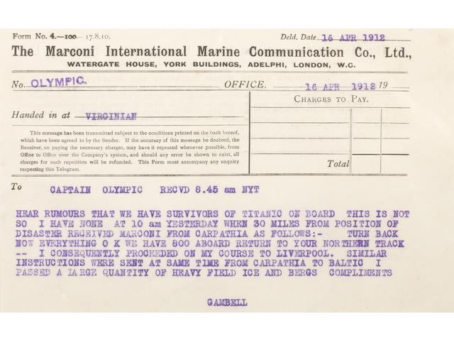 TITANIC DISASTER&#8212;MARCONI MESSAGES #32-37. A group of six Marconi messages from the R.M.S. Olympic radio log book, 6 pp,