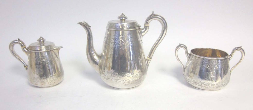 A Victorian silver coffee pot, hot water pot and two-handled sugar bowl, by John Samuel Hunt, London 1864, also impressed LATE STORR & MORTIMER numbered 3137, 3139 and 3138,  (3) image 1