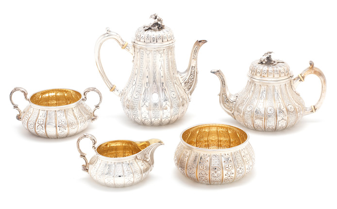 A Victorian Abercrombie pattern silver four-piece silver tea and coffee service, by Robert Garrard, London 1839, together with a later matched American sugar bowl, by Tiffany & Co (5) image 1