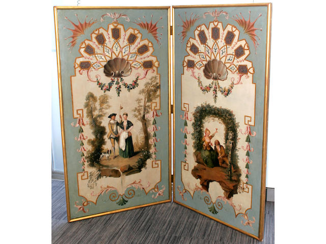 A decorative two fold screen in the rococco manner, painted with scenes within an arbour 18th/19th Century