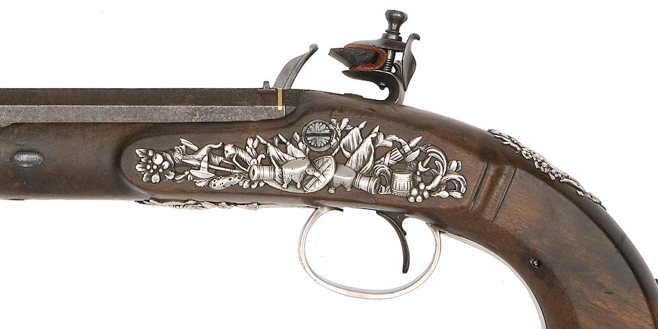 A Very Fine Pair Of 26-Bore Silver-Mounted Flintlock Duelling Pistols