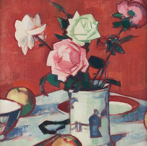 Samuel John Peploe, RSA (British, 1871-1935) Still life of mixed roses in Chinese vase 45.5 x 40.5 cm. (17 15/16 x 15 15/16 in.)