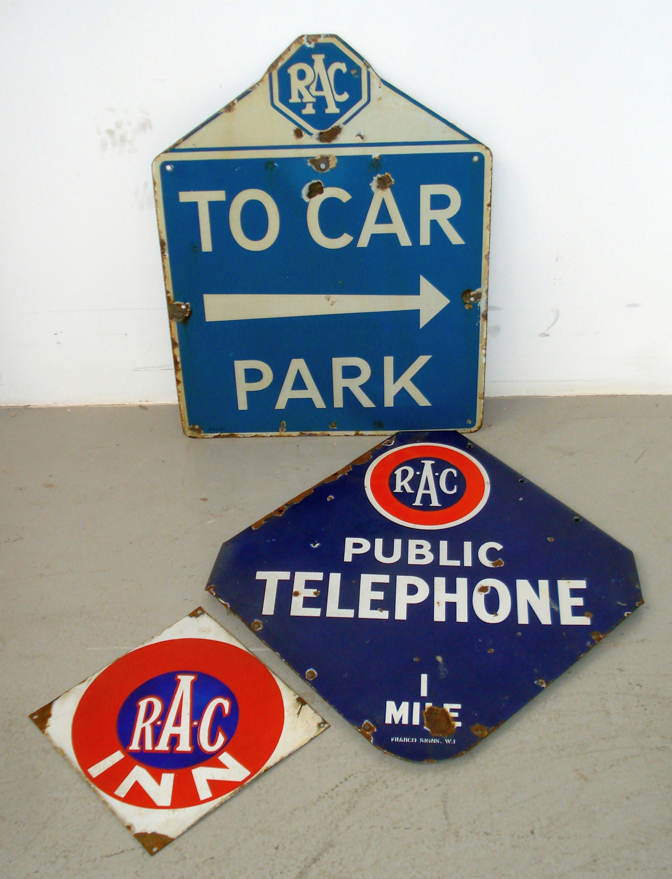 Bonhams Cars : Three enamel RAC signs,