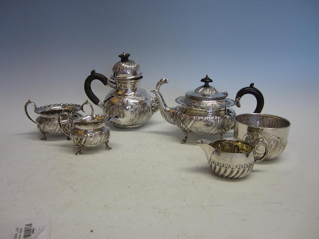 A Victorian silver three piece tea service by Roberts and Belk, Sheffield 1899,  (6)